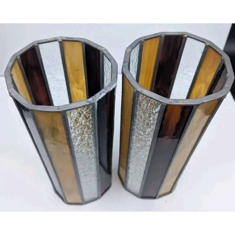 Vintage Stained Glass Tall Cylinder Swag Lamp Shades Lot of 2 Striped